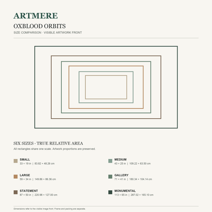 Oxblood Orbits — six-size comparison guide, visible artwork dimensions in inches and cm