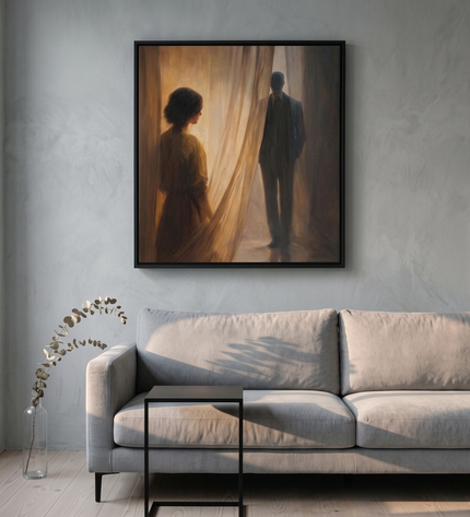 Parting Light hand-painted figurative painting displayed in a contemporary living room