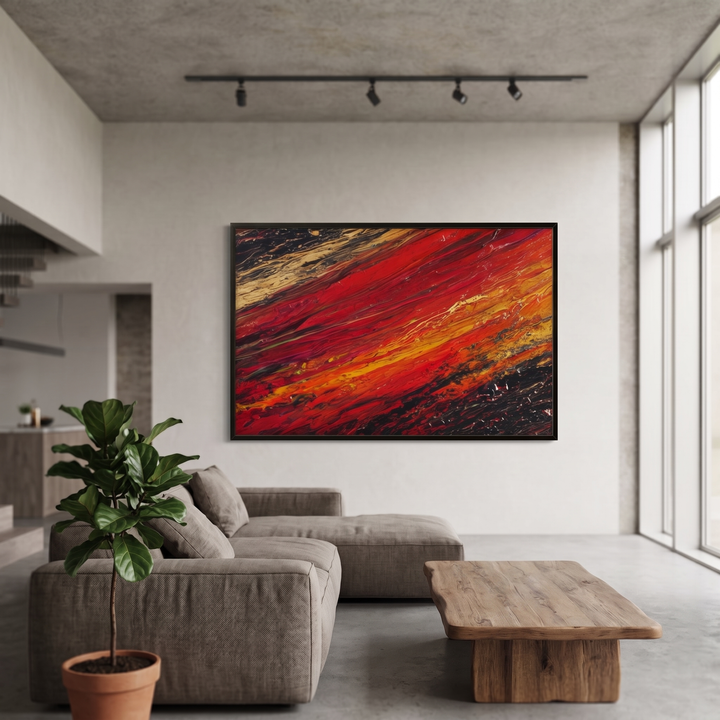 Passion Ripples hand-painted contemporary painting displayed in a spacious open-plan living room
