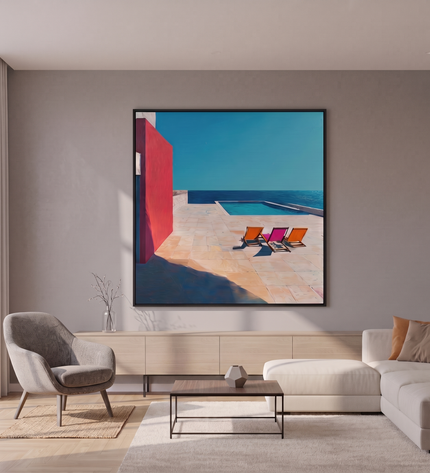 Quiet Escapes hand-painted landscape painting displayed in a modern living room with warm accents