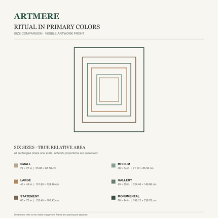 Ritual in Primary Colors — six-size comparison guide, visible artwork dimensions in inches and cm