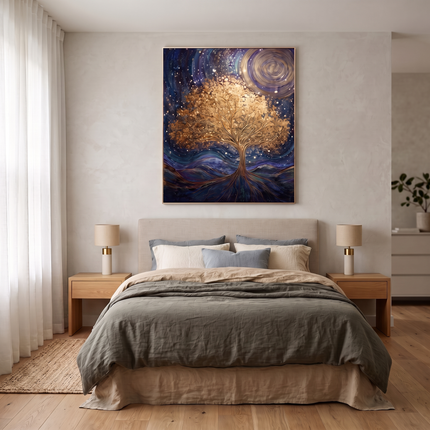 Roots of the Universe hand-painted landscape painting displayed in a serene bedroom