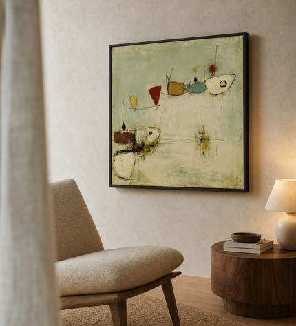 Quiet Satellites — side-angle view showing the black wooden frame and canvas depth