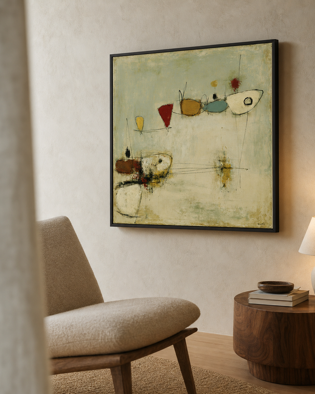 Quiet Satellites — side-angle view showing the black wooden frame and canvas depth