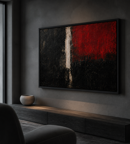 Crimson Divide — side-angle view showing the black metal frame and canvas depth