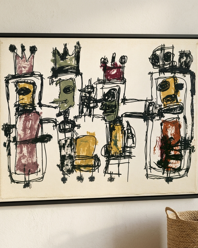Gathered Voices — side-angle view showing the black wooden frame and canvas depth