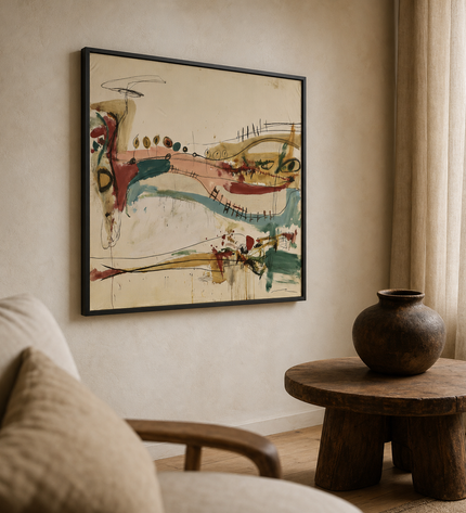 Between Currents — side-angle view showing the black wooden frame and canvas depth