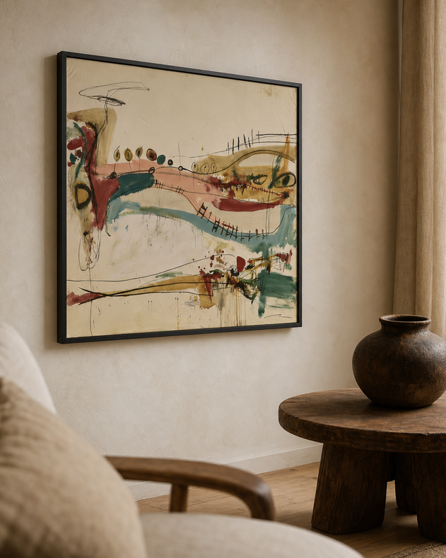 Between Currents — side-angle view showing the black wooden frame and canvas depth