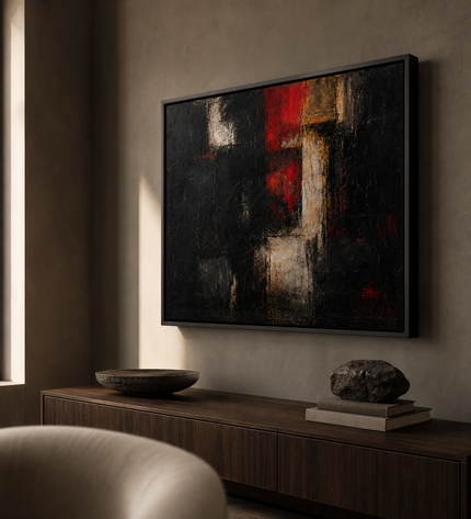 Ember Threshold — side-angle view showing the black metal frame and canvas depth