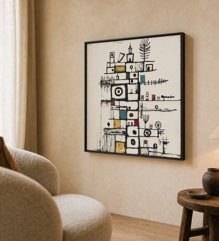 Little Monuments — side-angle view showing the black wooden frame and canvas depth