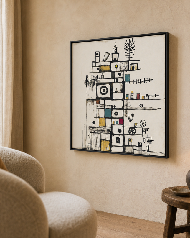 Little Monuments — side-angle view showing the black wooden frame and canvas depth