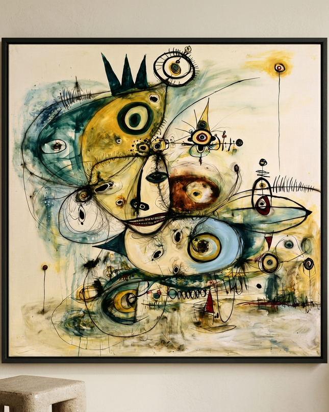 Inner Constellation — side-angle view showing the black wooden frame and canvas depth
