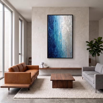 Silver Tide hand-painted landscape painting displayed in a contemporary living room