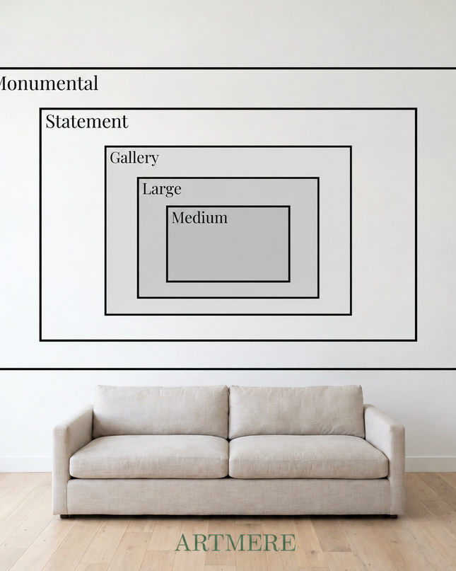 Size comparison guide showing available dimensions for Joy Among Trees