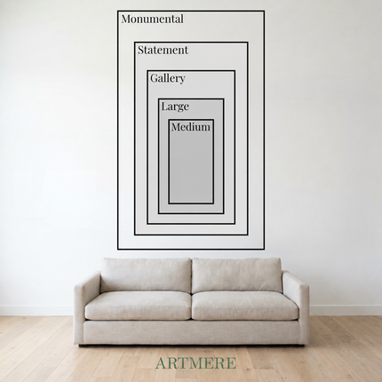 Size comparison guide showing available dimensions for Mystic Woodland