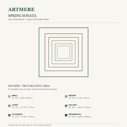 Spring Sonata — six-size comparison guide, visible artwork dimensions in inches and cm