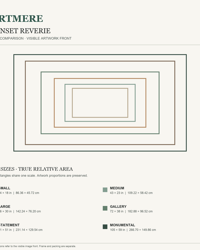 Sunset Reverie — six-size comparison guide, visible artwork dimensions in inches and cm