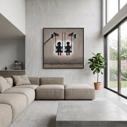 Surveillance Playground hand-painted figurative painting displayed in a spacious open-plan living room