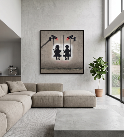 Surveillance Playground hand-painted figurative painting displayed in a spacious open-plan living room