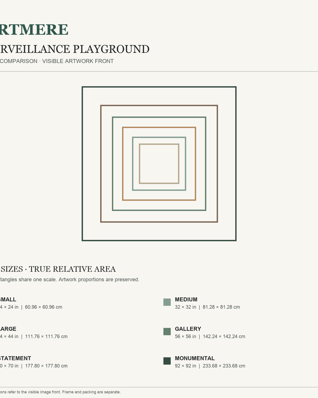 Surveillance Playground — six-size comparison guide, visible artwork dimensions in inches and cm