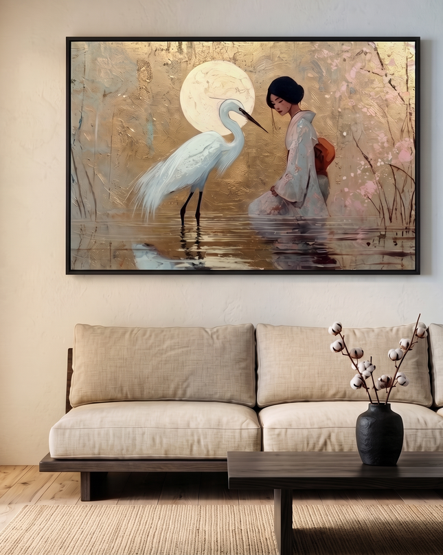 The Geisha's Fortune hand-painted landscape painting displayed in a contemporary living room