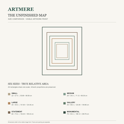The Unfinished Map — six-size comparison guide, visible artwork dimensions in inches and cm