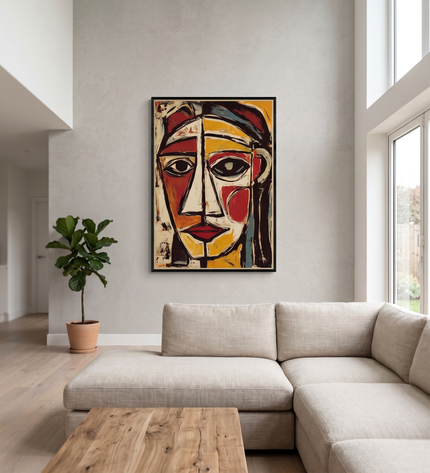 The Watcher hand-painted abstract painting displayed in a spacious open-plan living room