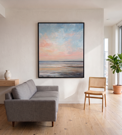Tranquil Waters hand-painted landscape painting displayed in a modern living room with warm accents