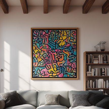 Modern living room with a colorful abstract painting on the wall, gray sectional sofa, wooden coffee table, and bookshelf.