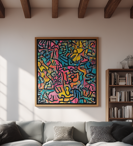 Modern living room with a colorful abstract painting on the wall, gray sectional sofa, wooden coffee table, and bookshelf.