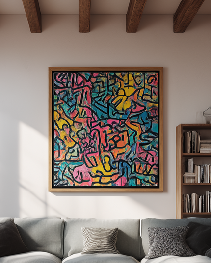 Modern living room with a colorful abstract painting on the wall, gray sectional sofa, wooden coffee table, and bookshelf.