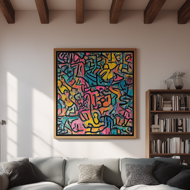 Modern living room with a colorful abstract painting on the wall, gray sectional sofa, wooden coffee table, and bookshelf.