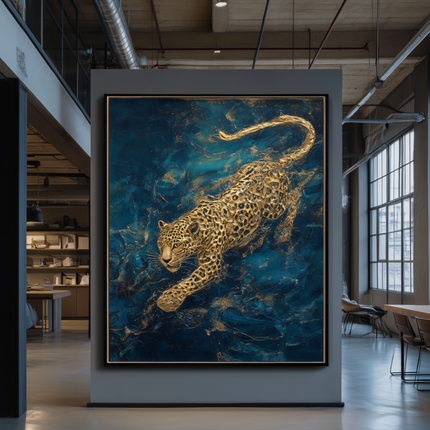 Large painting of a leopard on a blue background in an industrial-style room with large windows.