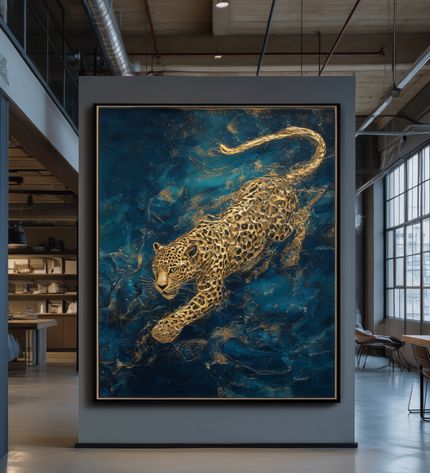 Large painting of a leopard on a blue background in an industrial-style room with large windows.