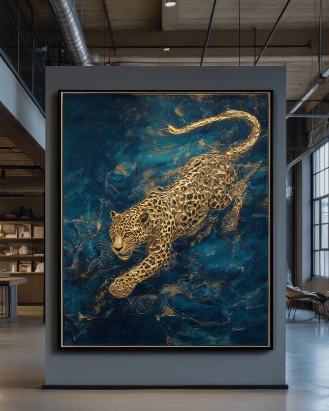 Large painting of a leopard on a blue background in an industrial-style room with large windows.