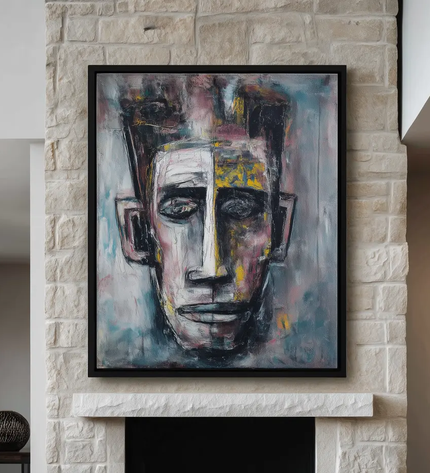 Abstract painting of a face on a stone fireplace wall