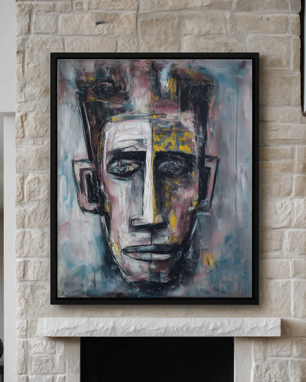 Abstract painting of a face on a stone fireplace wall