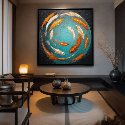 Living room with a large abstract painting of koi fish on the wall.