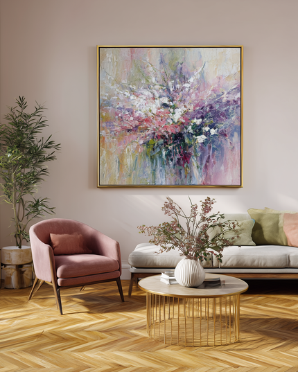 Modern living room with a pink armchair, white sofa, and abstract painting on the wall.