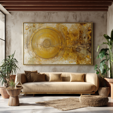 Living room with a beige sofa, abstract yellow painting, and potted plants.