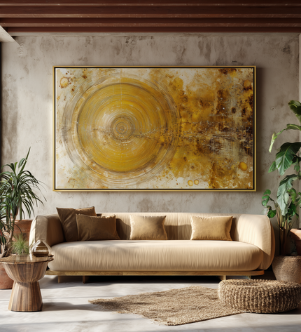 Living room with a beige sofa, abstract yellow painting, and potted plants.
