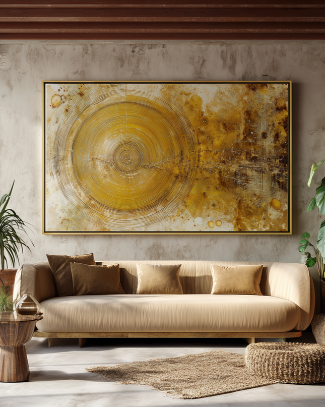 Living room with a beige sofa, abstract yellow painting, and potted plants.