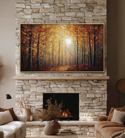 Cozy living room with stone fireplace, TV displaying forest scene, and comfortable furniture.