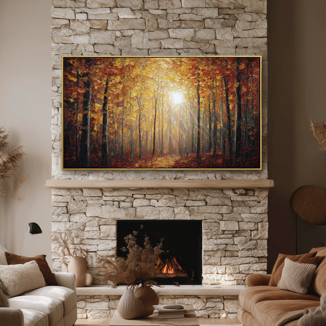 Cozy living room with stone fireplace, TV displaying forest scene, and comfortable furniture.