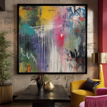 Modern living room with abstract painting, colorful furniture, and decorative elements.