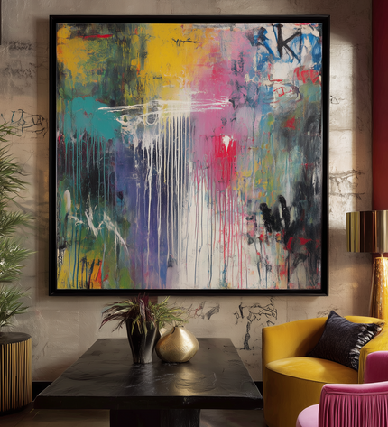 Modern living room with abstract painting, colorful furniture, and decorative elements.