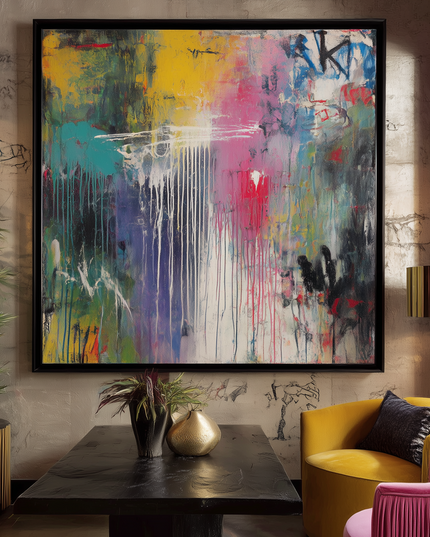 Modern living room with abstract painting, colorful furniture, and decorative elements.