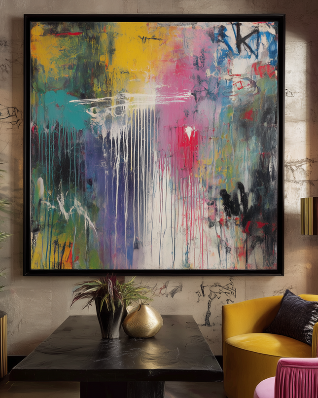 Modern living room with abstract painting, colorful furniture, and decorative elements.