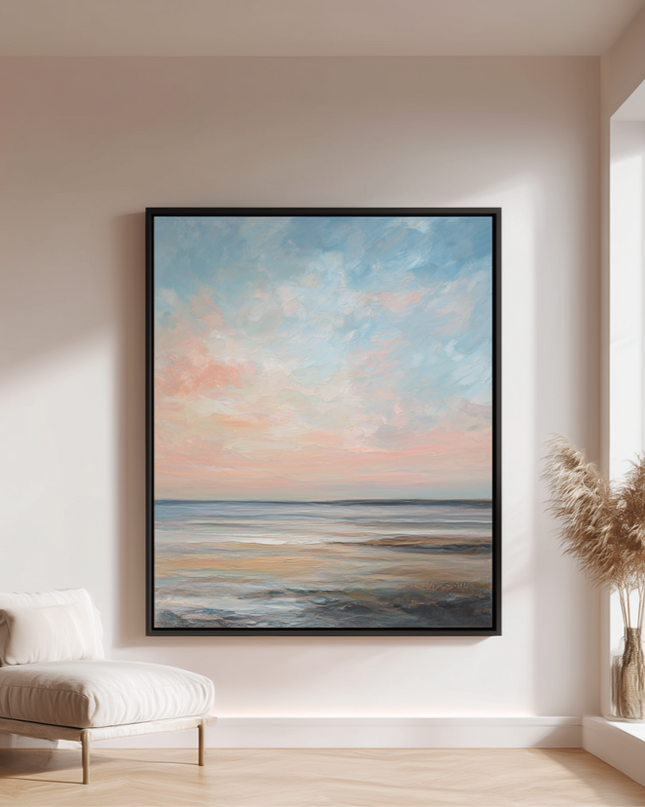 Framed abstract painting of a sunset over water in a modern living room.