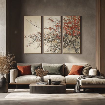 Modern living room with a sectional sofa, coffee table, and wall art depicting floral branches.